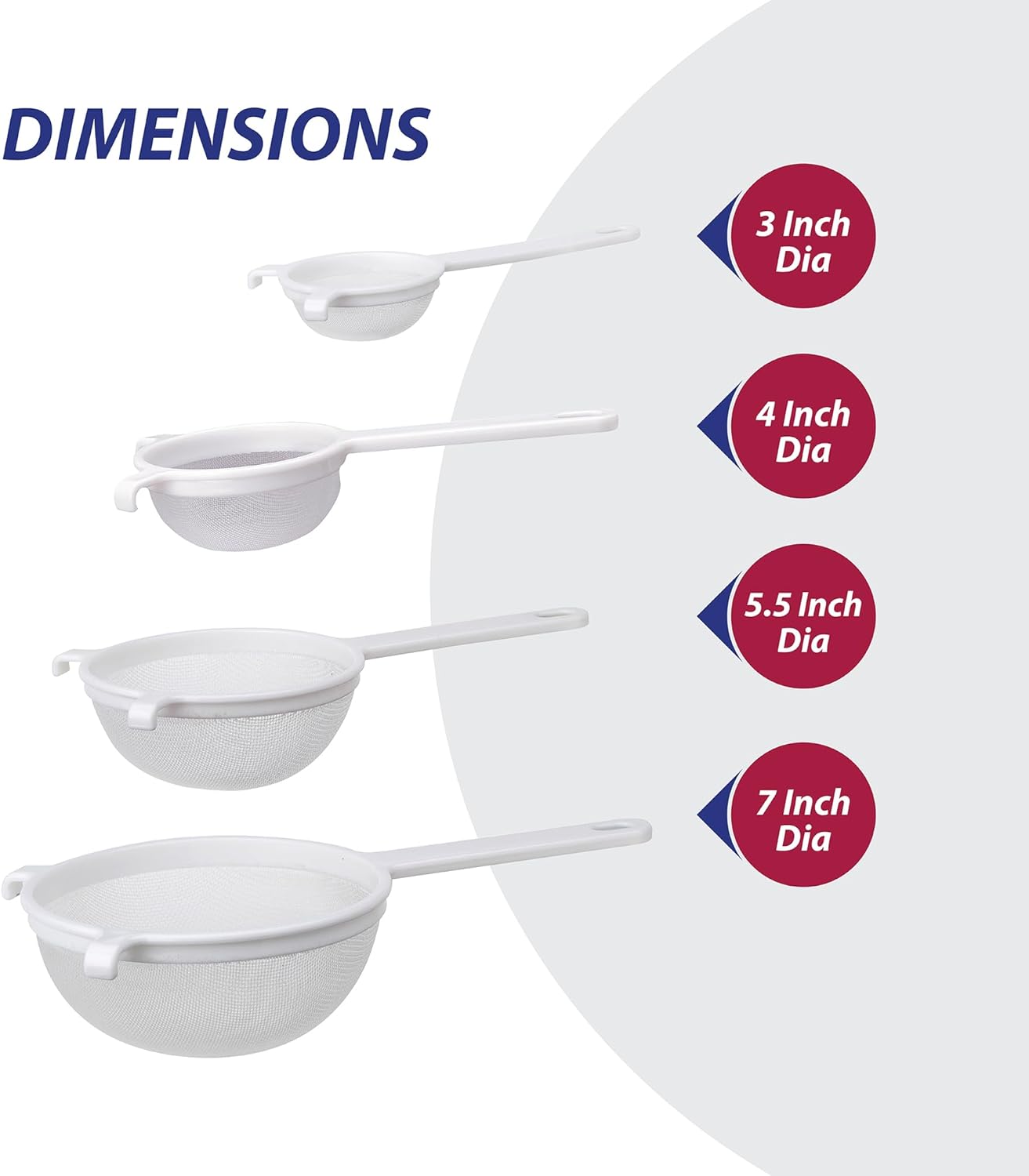 HIC Kitchen Double-Ear Fine Mesh Strainers, BPA Free, Set of 4 Sizes Includes 3, 4, 5.5, and 7-Inch Diameter