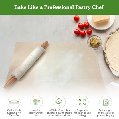 Regency Wraps Natural Pastry Cloth 20"x24" with 15”Rolling Pin Cover, 100% Cotton for Non-stick Dough Rolling, Achieve Perfect Dough for Baked Goods.