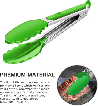 Mini Silicone Serving Tongs Set of 3, Small Kitchen Tongs (7 inch) with Silicone Tips and Stainless Steel Handle, Cooking Tongs for Salads, Pasta, Steaks, Vegetables