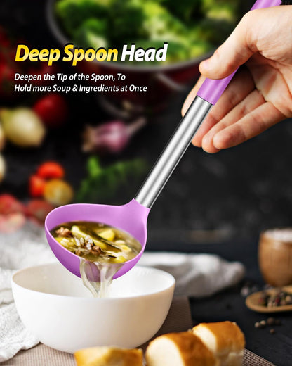 Silicone Pasta Fork and Ladle Spoon Set, Large Non Stick Kitchen Utensils for Cooking,Stirring,Serving Spaghetti, Soup, Sauce (GRAY)