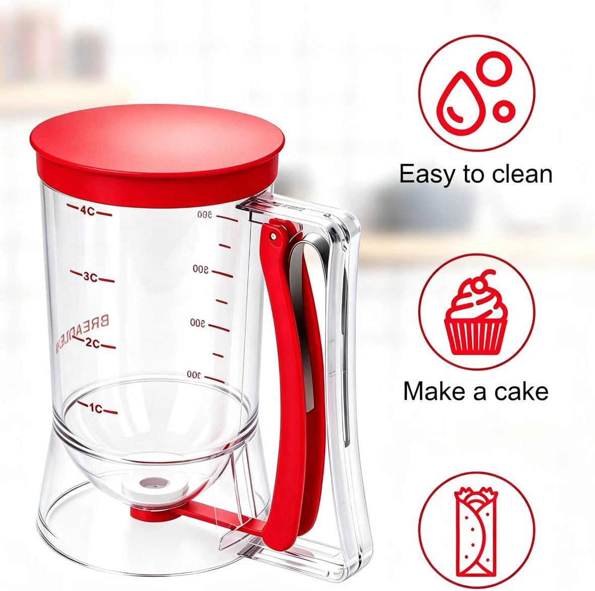BBSTARZ Pancake Batter Dispenser – 4-Cup Batter Dispenser with Squeeze Handle & Measuring Marks for Pancakes, Waffles, Muffins, Crepes & Cupcakes – Baking Tool(Red)