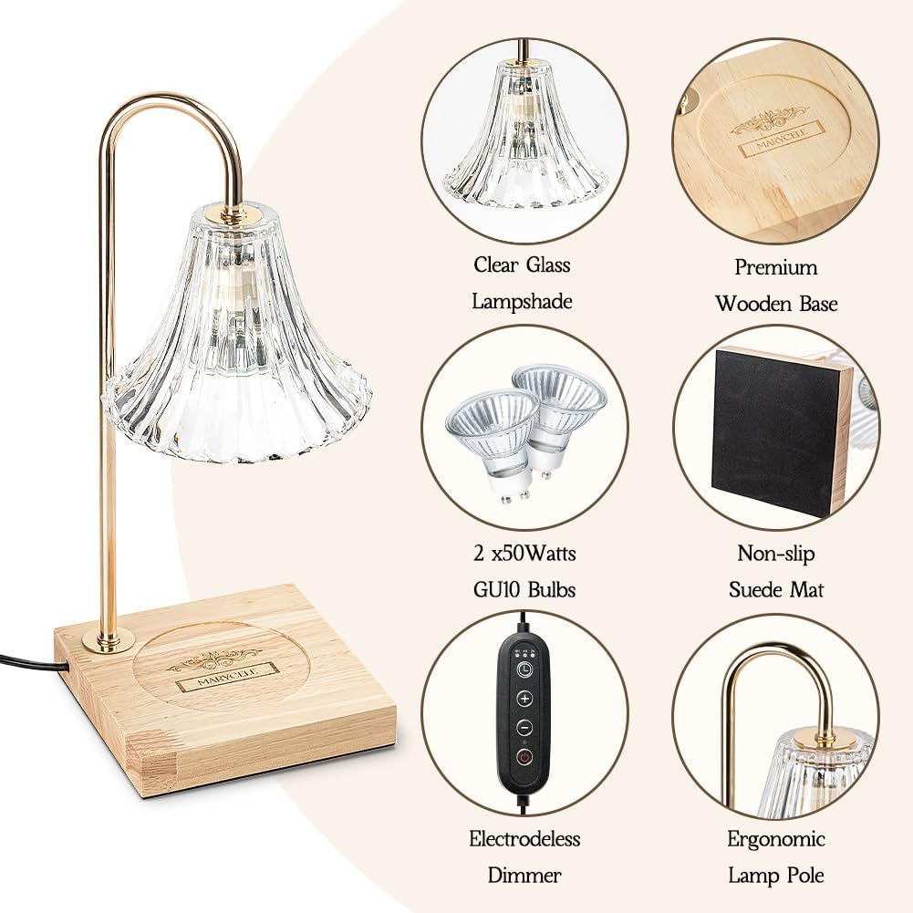 Marycele Candle Warmer Lamp with Timer & Dimmer - Mothers Day Gifts for Women Mom Her, Aesthetic Office Home Decor, Adjustable Height Wax Melter for Candle Jar & 3-Wick Candles (2 Bulbs Included)
