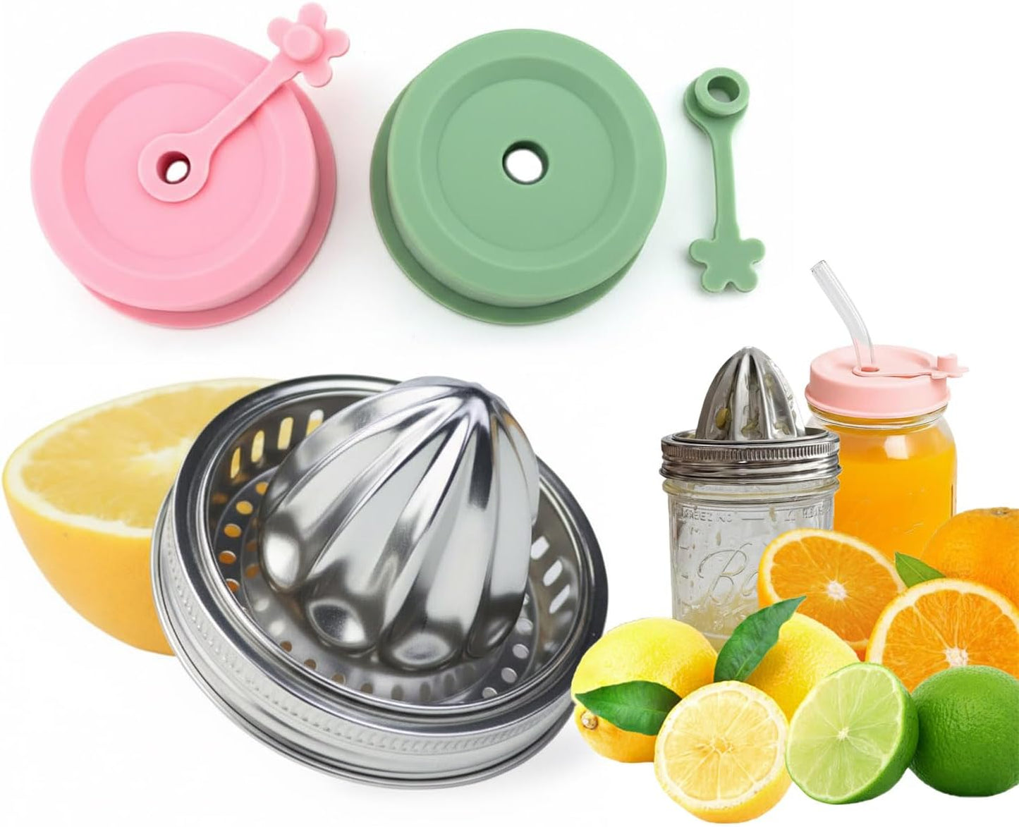 2Pcs Stainless Steel Mason Jar Juicer Lid for 3.38 Inch Wide Mouth Mason Jar, Hand Squeezer Top for Citrus Lemon Orange Manual Citrus Juicer