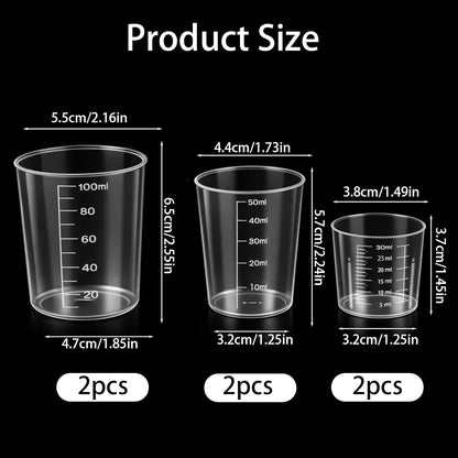 6 Pack Ounce Measuring Cup Set, 1/1.7/3.4 Oz (30/50/100ml) Transparent Liquid Plastic Measure Cups Graduated for Rice Baking Cooking Lab Small Mixing Cups