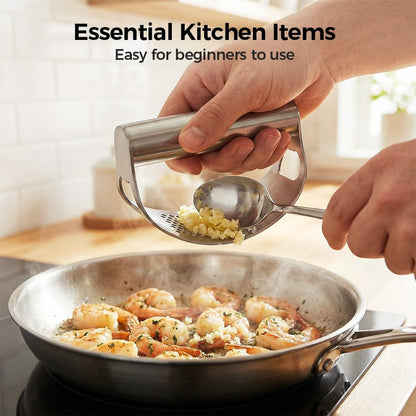 Kruggo Garlic Press Rocker, Stainless Steel Garlic Crusher, Mincer and Chopper with Peeler and Cleaning Brush, Comfortable Grip & Effortless Smashing, Essential Kitchen Tools (Crusher+Peeler- 2PCS)