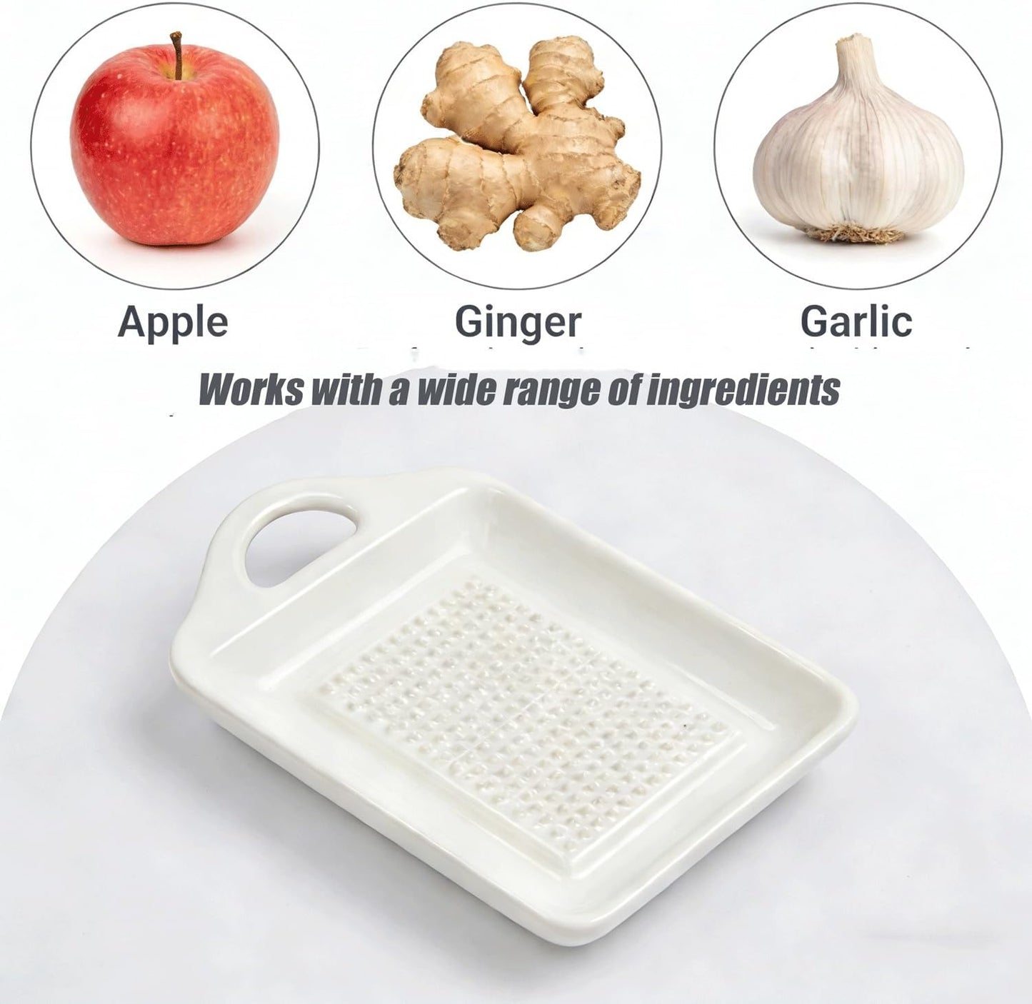 Ceramic Garlic Grater Plate, Ginger Grinder & Garlic Mincer with Raised Teeth, Multi-Function Manual Grater for Baby Food, Vegetables, Fruit & Spices, White