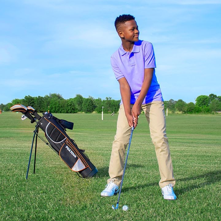 PGA Tour Youth Golf Club Set for Ages 8-12 & 12+ (4’8”–5’10”), Right and Left-Handed Kids Golf Sets – Beginner Junior Golf Clubs with Lightweight Stand Bag, Mallet Putter, Hybrid, Driver