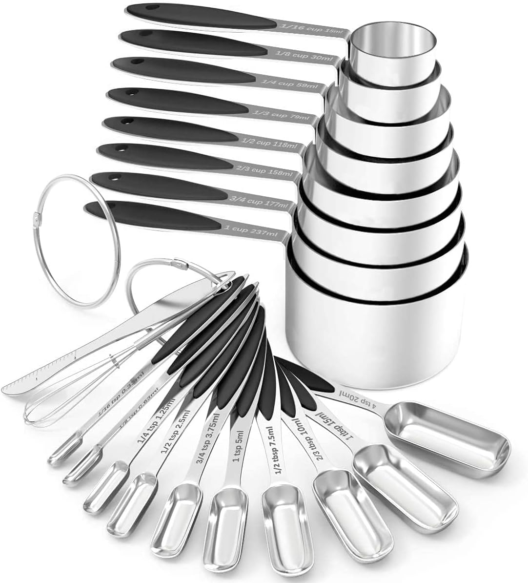 Measuring Cups and Measuring Spoons Set, Wildone Stainless Steel 8 Measuring Cups, 10 Measuring Spoons, 1 Leveler 1 Whisk & 5 Mini Spoons, for Dry and Liquid Ingredient - 25 Piece Multicolor