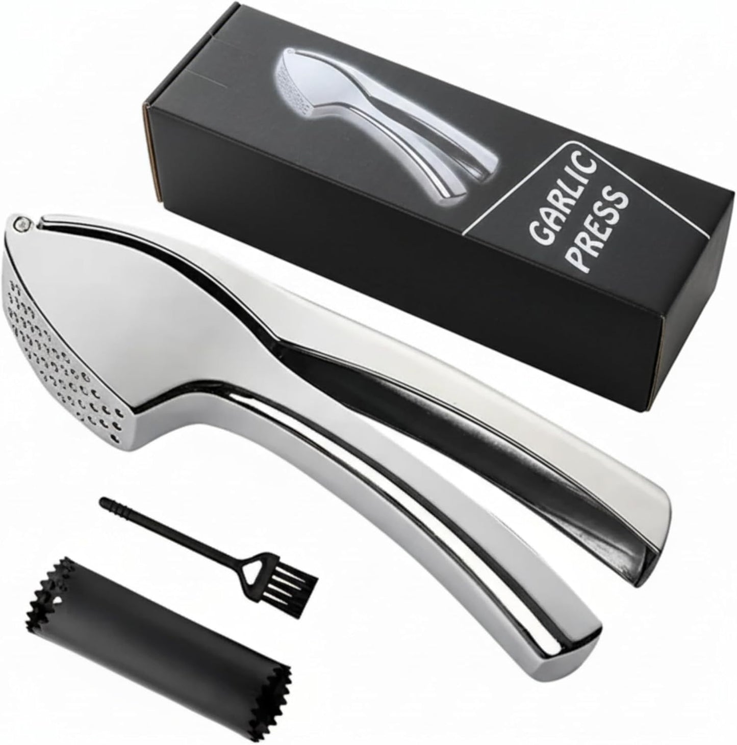 Garlic Press, Garlic Peeler and Cleaning Brush as 1 Set, Heavy Duty and Rust Proof Garlic Press Made of 304 Stainless Steel for Home and Kitchen Tools, Easy to Use & Dishwasher Safe