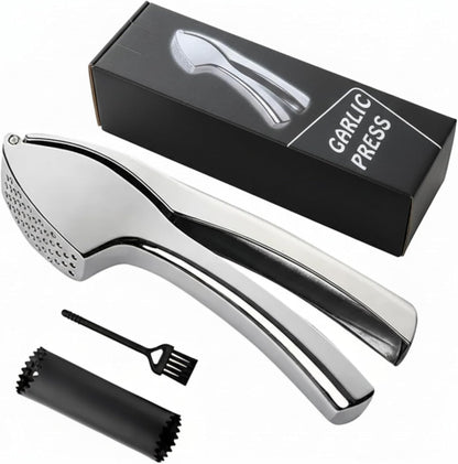 Garlic Press, Garlic Peeler and Cleaning Brush as 1 Set, Heavy Duty and Rust Proof Garlic Press Made of 304 Stainless Steel for Home and Kitchen Tools, Easy to Use & Dishwasher Safe