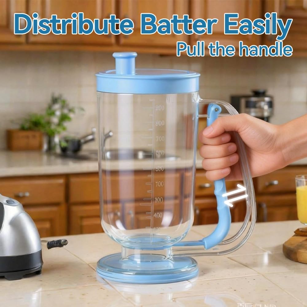 Pancake Batter Dispenser with Built-in Mixer Handle - No-Drip Handheld Funnel for Pancakes, Baking, Waffles, Cupcakes & Muffins - Easy Squeeze Baking Tool for Perfect Portions