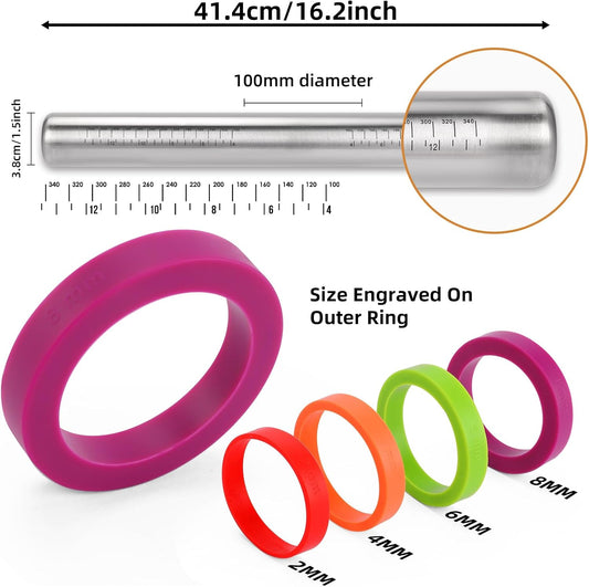 Stainless Steel Rolling Pin with Adjustable Thickness Rings - 4 Interchangeable Sizing Bands for Dumplings/Pasta/Cookies - Nonstick Kitchen Baking Tool