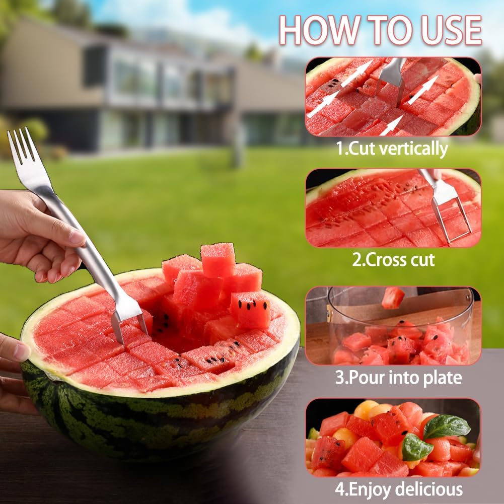 2PCS Watermelon Fork Slicer Cutter，Watermelon Fruit Tools with Melon Baller Scooper, Abnaok Stainless Steel 2-in-1 Watermelon Fork Knife, Portable Dual Head Fruit Forks for Home Party Kitchen Gadget