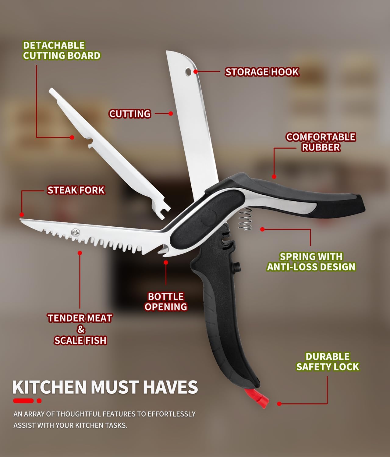 6 in 1 Kitchen Scissors for food,Tomato Knife Chops Cutting Board Scissors with Safety Lock，Detachable kitchen shears for food Meat Cheese Vegetable Fruit, Dishwasher Safe