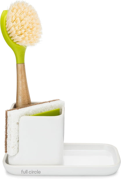 Full Circle Stash, Ceramic Kitchen Sink Caddy, Stylish Sponge Holder & Dish Brush Organizer, Easy to Clean, Dishwasher Safe, Rustproof, White and Gray