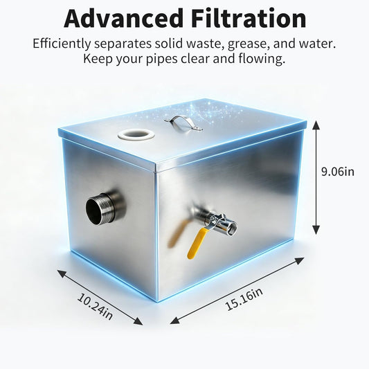 Commercial Grease Trap Interceptor 8-10 LBS, Stainless Steel Oil-Water Separator with 4-Stage Filtration System, Heavy-Duty Under Sink Grease Trap for Restaurant, Kitchen & Food Service