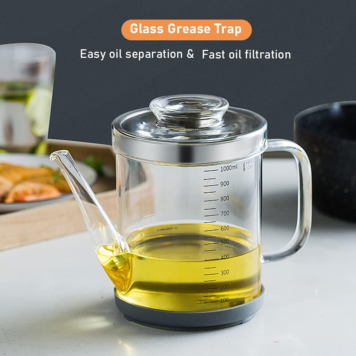 Gravy Fat Separator,1000ML Transparent Heat Resistant Glassware and Cover,with Stainless Steel Strainer,Silicone Bottom Cover and Stopper,