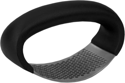 Home Basics Ergo Rust-Proof Stainless Steel Handheld Masher Rocker Press with Ergonomic Grip Arc Handle, Garlic Crusher Squeezer Slicer Mincer,Black, 4.75"x2.00"x2.75"