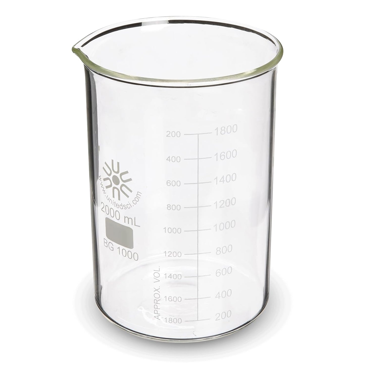 United Scientific™ Chemistry Glassware Measuring Beaker, 1000mL Low Form Griffin, 3.3 Borosilicate Laboratory Glassware, Double Scale Graduated, Autoclavable, ASTM-E960 Compliant, 1 Each