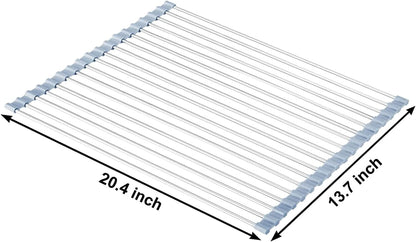 MECHEER Over The Sink Dish Drying Rack, Roll Up Dish Drying Rack Kitchen Dish Rack Stainless Steel Sink Drying Rack, Foldable Dish Drainer, Gray (20.4''x13.7'')