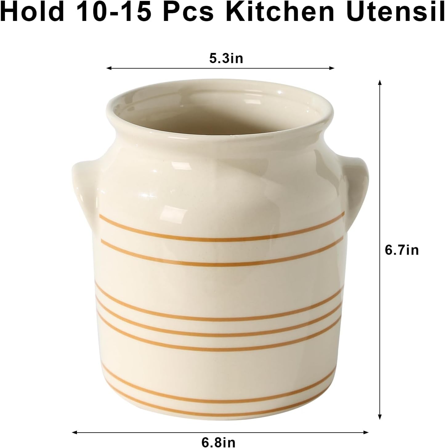 Ceramic Farmhouse Kitchen Utensil Holder for Countertop, Rustic Cooking Utensil Holder Crock Fit for Kitchen Counter. 6*6.8*6.7 IN