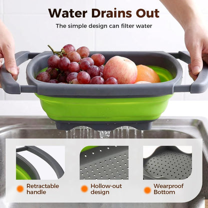 6 Quart Collapsible Colander Strainer, 2026 New Drain Cooked Pasta and Dry Dishes Square Silicone Kitchen Strainer, Upgrade Over The Sink Strainer Basket Colander Strainer (Green)