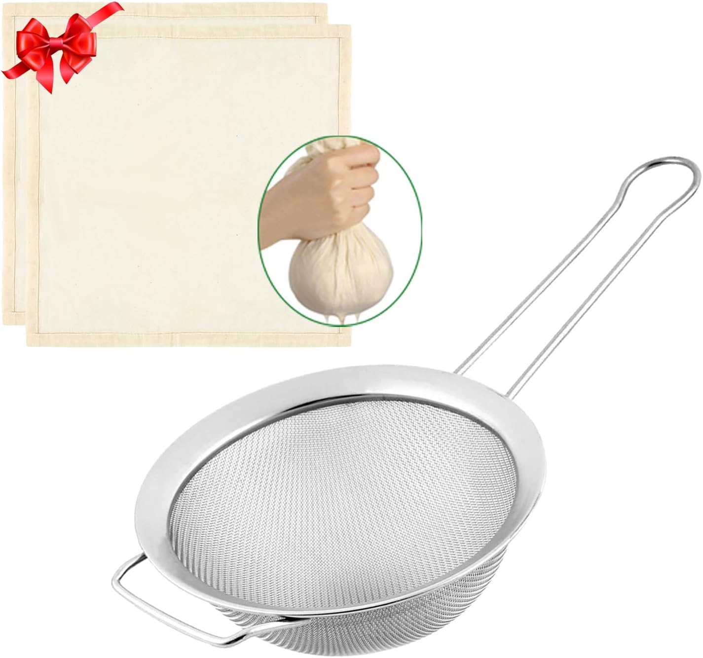 Fine Mesh Strainer with Sturdy Handle, 7.76 Inch Stainless Steel Strainers, Bonus 20x20 Inch Reusable Cotton Cheese Cloths with 4 Hemmed Edges, Sieve Sifter for Straining, Cooking, Baking