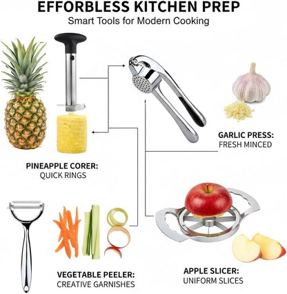 Ultimate Kitchen Tool Set of 4 – Pineapple Corer, Apple Slicer, Peeler & Garlic Crusher | Multifunctional Stainless Steel Gadgets for Fruit & Vegetable Prep | Easy-to-Use, Time-Saving Gift Set.