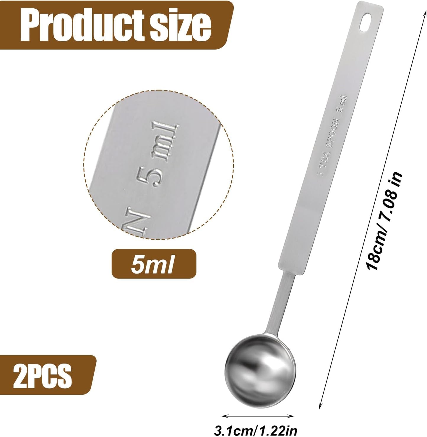 Oruola 2pcs 1 Tsp Measuring Spoon,5 ML Long Handle Teaspoon Measuring Spoon,Stainless Steel 1 Tsp Teaspoon Scoop for Accurate Measure Liquid Dry Ingredients Ground Coffee, Cooking & Baking