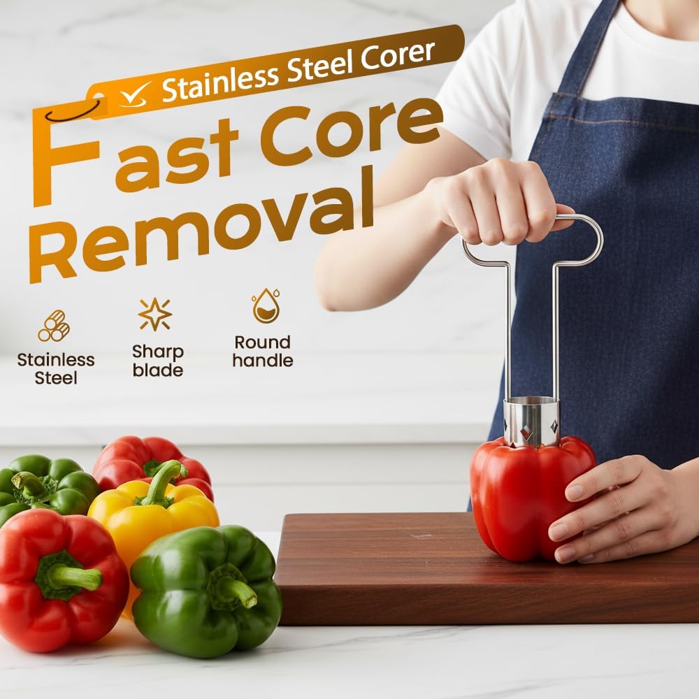 Red Bell Pepper Seed Corer,Fruit and Vegetable Corer,Remove The Pit From Pear,Pineapple and Apple,304 Stainless Steel Quick Corer Remover Tool Kitchen,Reusable,Ergonomic Handle (2pcs)