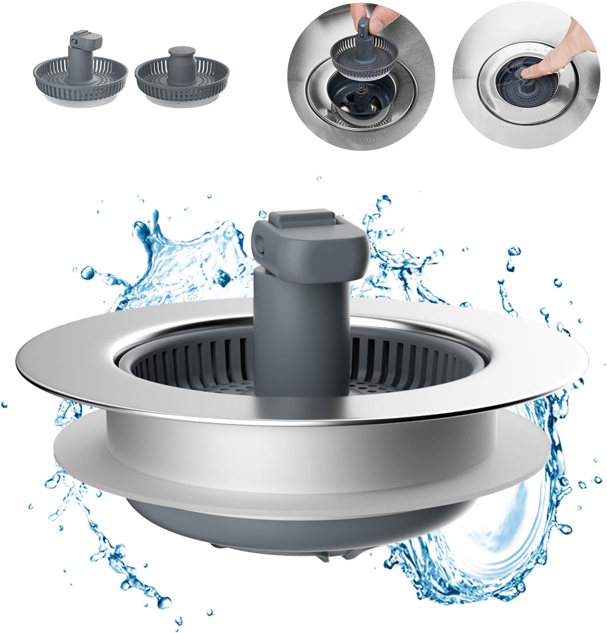 Hibbent Upgraded 3 in 1 Kitchen Sink Drain Strainer and Stopper Combo, Stainless Steel Metal Pop Up Sink Stopper, Anti-Clogging Basket with Foldable Handle for US Standard 3-1/2 Inch Drain