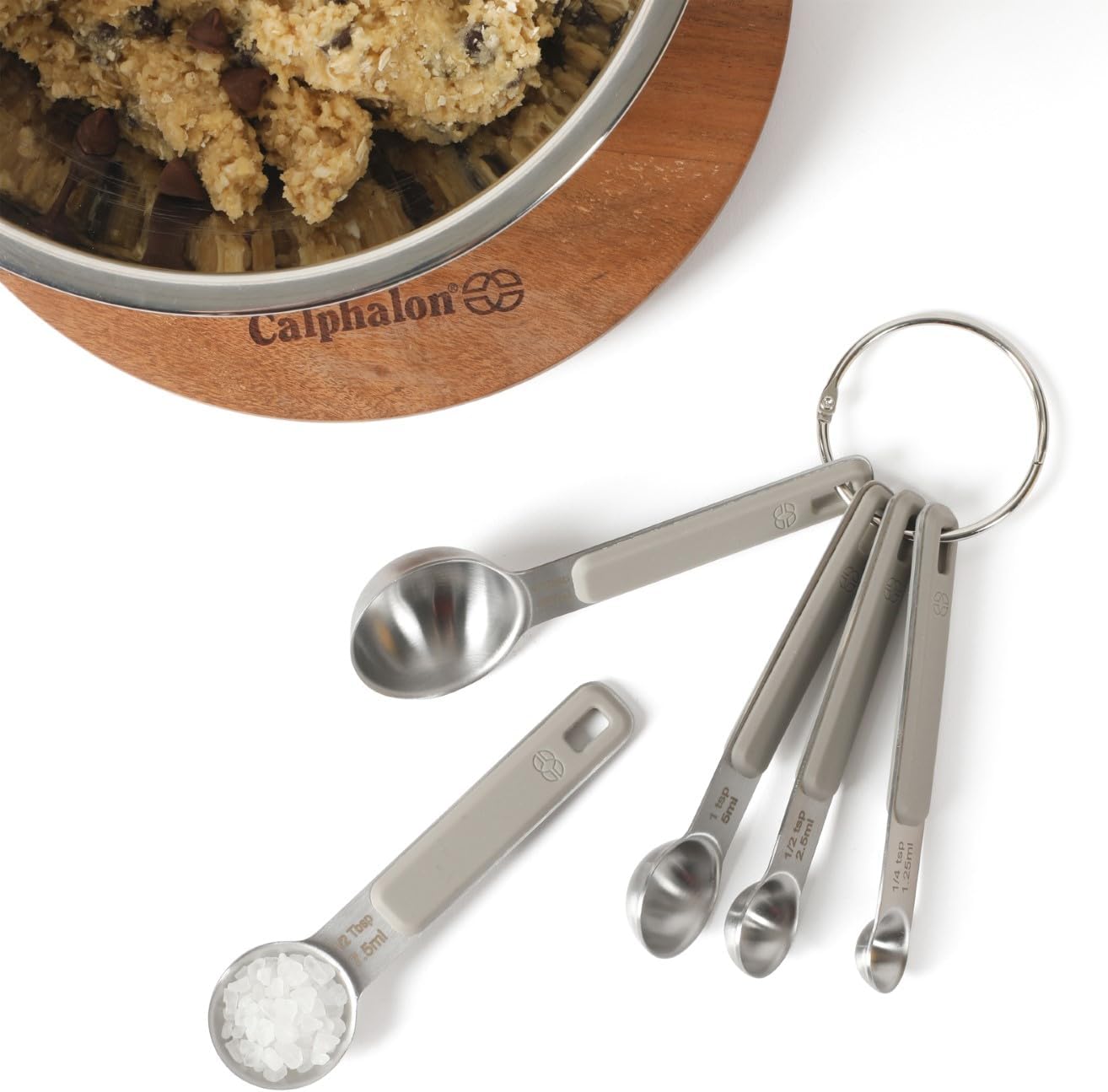 Calphalon Prime Measuring Spoons, Plastic Measuring Spoon Set, 5-Piece Stainless Steel Measuring Spoons Navy Silicone Handle Accurate, Durable for Spices and Small Portions