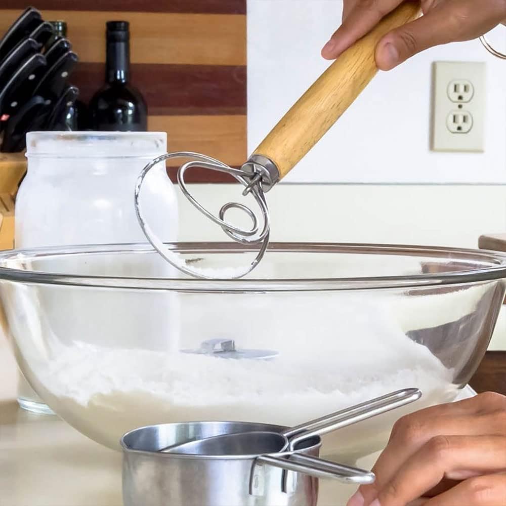 Danish Dough Whisk - 13" Dutch Whisk with Stainless Steel Ring - Danish Whisk for Bread, Pastry or Pizza Dough - Baking Tool Alternative to a Blender, Mixer or Hook