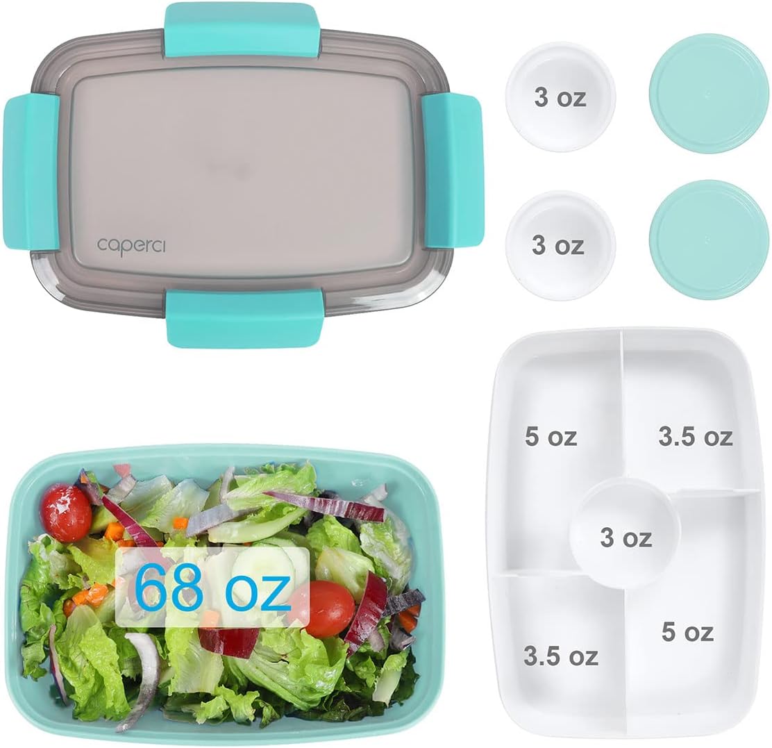 Caperci Large Salad Container Bowl for Lunch - Better Adult Bento Lunch Box 68 oz, 5-Compartment Tray, 2pcs 3-oz Sauce Cups, Stackable, BPA-Free (Navy)