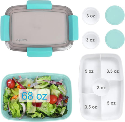 Caperci Large Salad Container Bowl for Lunch - Better Adult Bento Lunch Box 68 oz, 5-Compartment Tray, 2pcs 3-oz Sauce Cups, Stackable, BPA-Free (Navy)