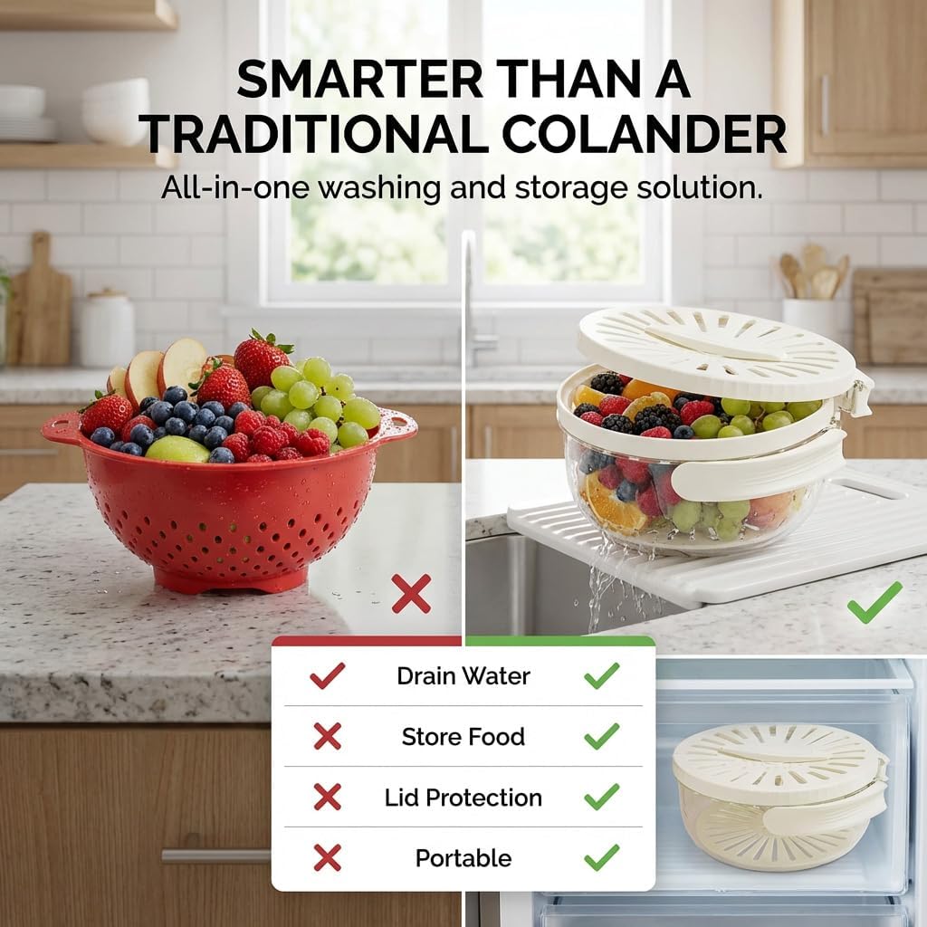 Mesh Fruit Basket Straine, Cleaner Bowl with Lid, 2-in-1 Draining and Preservation Spinner, Multifunctional Vegetable Washer Colander with Foldable Handle for Kitchen Counter