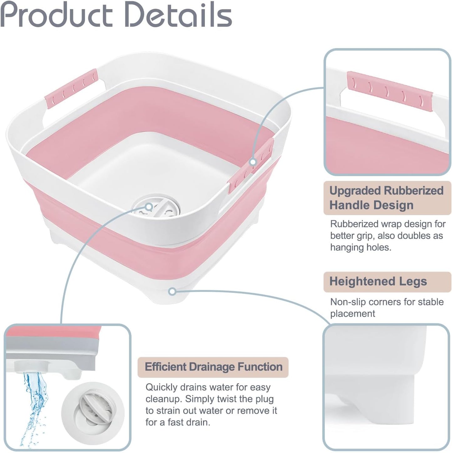 Collapsible Dish Basin with Drain Plug, 2.4 Gal 9L Foldable Wash Basin, Portable Sink Tub for Kitchen, Baby Bottles, Camping, RV, Vegetable Washing and Beverage Tub, Gray