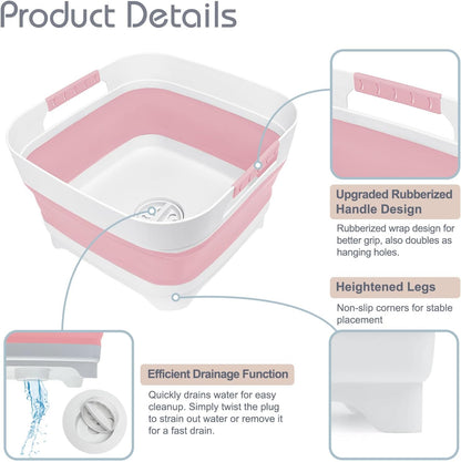 Collapsible Dish Basin with Drain Plug, 2.4 Gal 9L Foldable Wash Basin, Portable Sink Tub for Kitchen, Baby Bottles, Camping, RV, Vegetable Washing and Beverage Tub, Gray