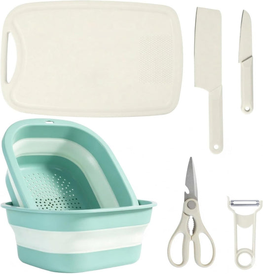 7 in 1Cutting Board and Knife Set, Travel Cutting Board Set with 2 Knives, Kitchen Scissors & Peeler, Collapsible 2-Piece Colander Wash Basin 30.5×27.8cm, Camping Cutting Board, Camping Knife Set