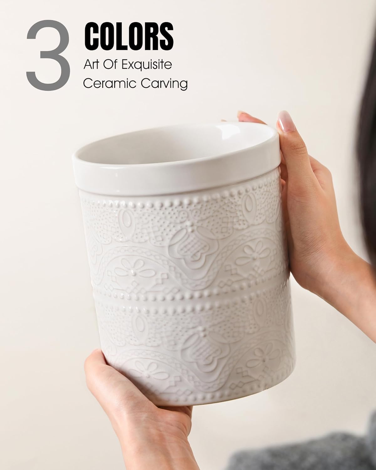 FUN ELEMENTS Kitchen Utensil Holder, 7.2" Super Large Utensil Crock Heavy and Stable Lace Emboss Ceramic Utensil Holder for Kitchen Counter (Bright White)