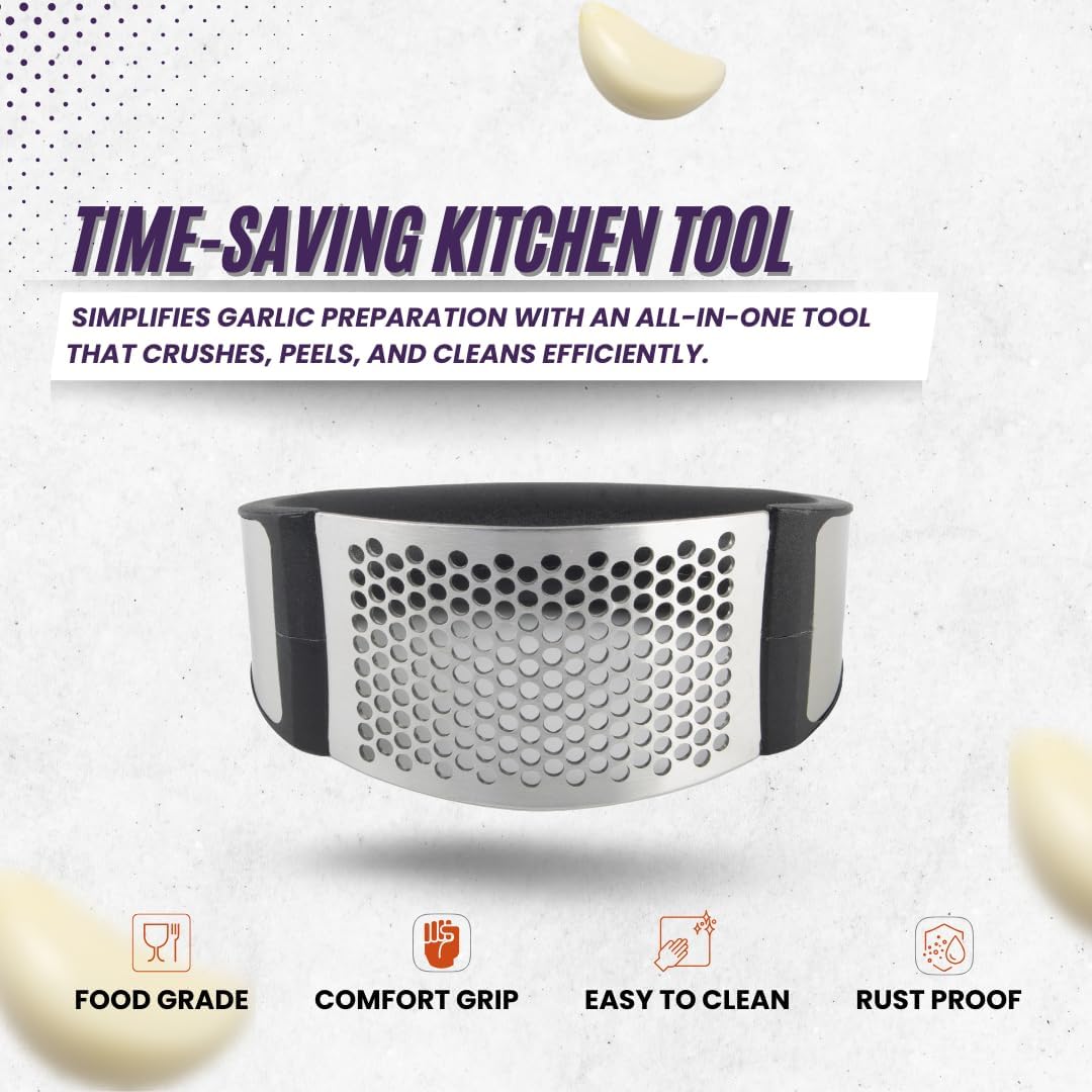 Garlic Press Rocker Set- Premium Garlic Crusher- Innovative & Fast Garlic mincer- Peeler and Scraper Included- Comfortable Grip