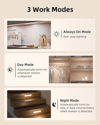 EZVALO 3-Pack Under Cabinet Lighting, 2000mAh Rechargeable Wireless Motion Sensor Lights, 62LEDs, 3 Color Temps, Dimmable, Timer, Magnetic, with Remote Control for Kitchen, Closet, Stair