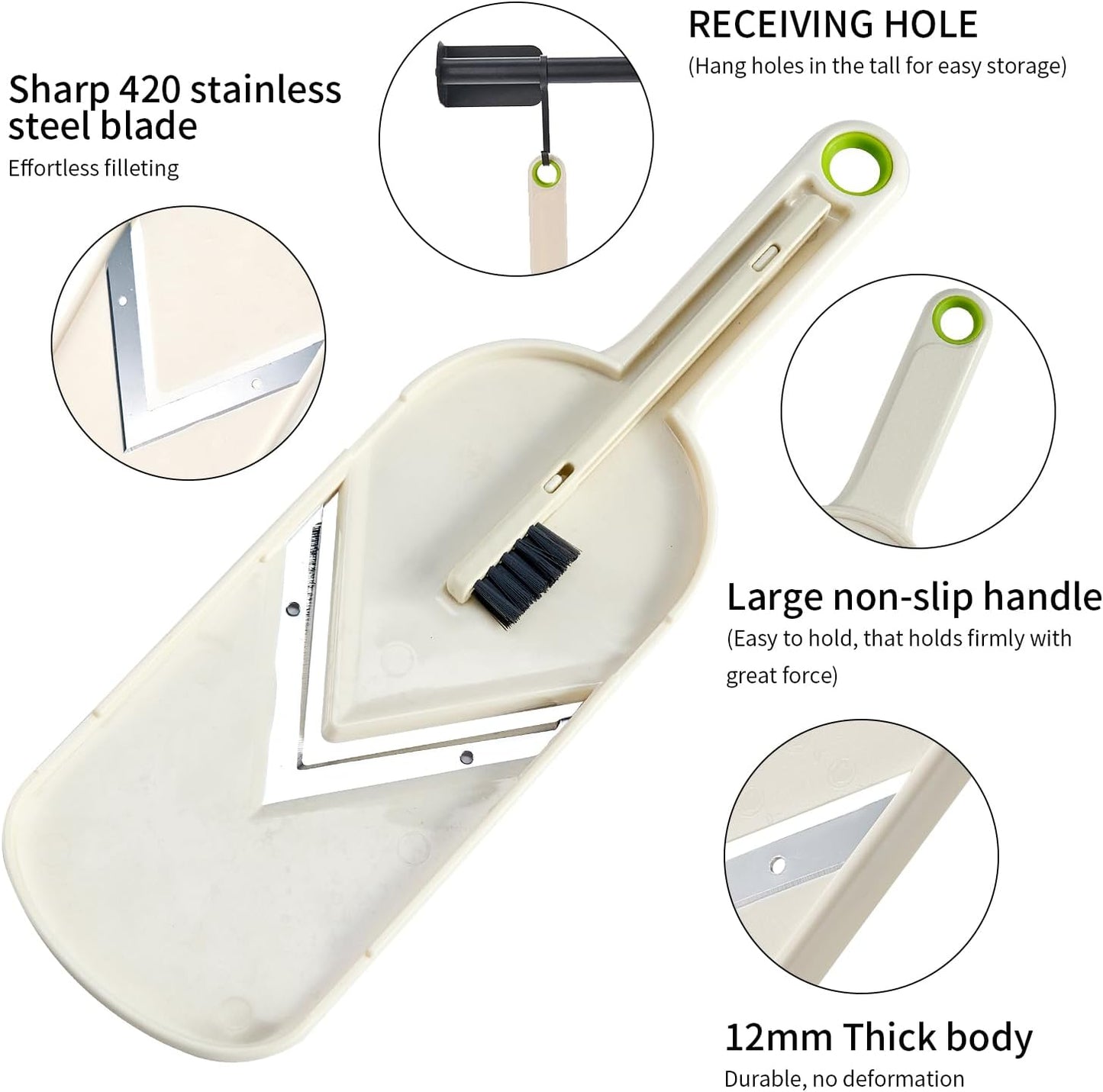 Multi Handheld Mandoline Slicer - Stainless Steel V Blade, with Cleaning Brush, Comfort Grip, Easy to Clean, for Kitchen, Vegetable Chopper, Fruit, Cheese Grater, Potato Chips Slicer (White)