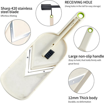 Multi Handheld Mandoline Slicer - Stainless Steel V Blade, with Cleaning Brush, Comfort Grip, Easy to Clean, for Kitchen, Vegetable Chopper, Fruit, Cheese Grater, Potato Chips Slicer (White)