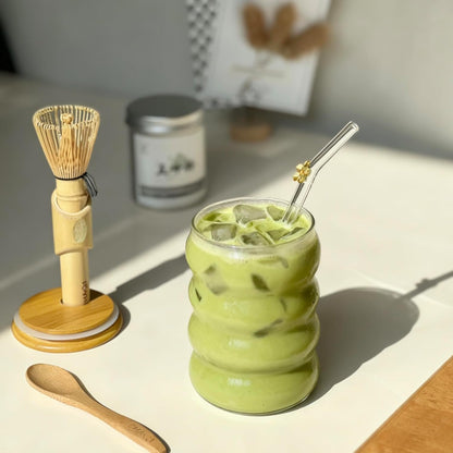 Matcha Whisk Set with Long Handle Matcha Whisk, Wave Glass Cup,Floral Straw,Bamboo Lid & Scoop - Complete Kit for Easy & Quick Matcha Preparation at Home or Office