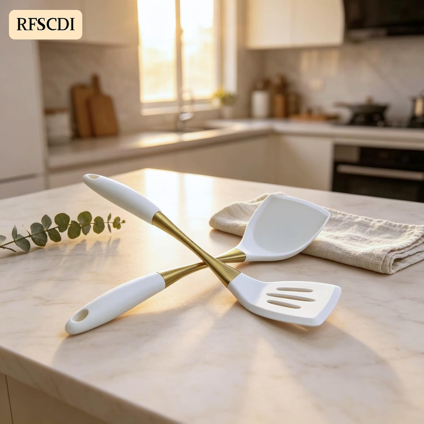 Elegant White Gold Silicone Cooking Utensils Set - Non-Toxic, Dishwasher Safe Kitchen Utensils Set with Heat Resistant Comfort Handles - Includes Spatula & Spoon for Nonstick Cookware