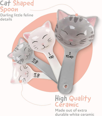 Cat Shaped Ceramic Measuring Spoons - Gift for Any Cat Lover - Cat Ceramic Measuring Spoons Baking Tool - Creative Functional Kitchen Decor - Comes in White and Gray - Set of 4