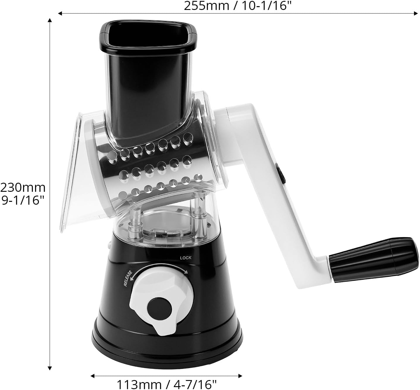 QWORK Cheese Grater Hand Crank, Rotary Vegetable Shredder, 3 in 1 Kitchen Speed Spin Veggie Slicer & Nut Grinder, Black