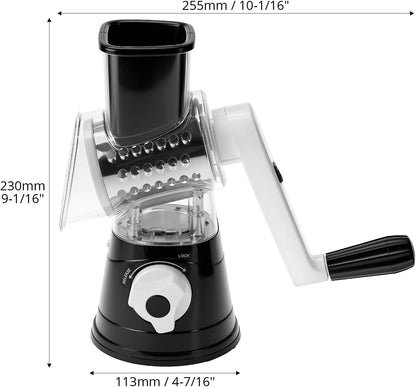 QWORK Cheese Grater Hand Crank, Rotary Vegetable Shredder, 3 in 1 Kitchen Speed Spin Veggie Slicer & Nut Grinder, Black