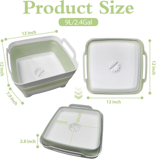 Ikaufen 2PCS Dishpan for Washing Dishes, 9L(2.4Gallon) Collapsible Wash Basin with Drain Plug Carry Handles, Collapsible Bucket for Cleaning, Vegetable Washing, RV(Green + Grey)